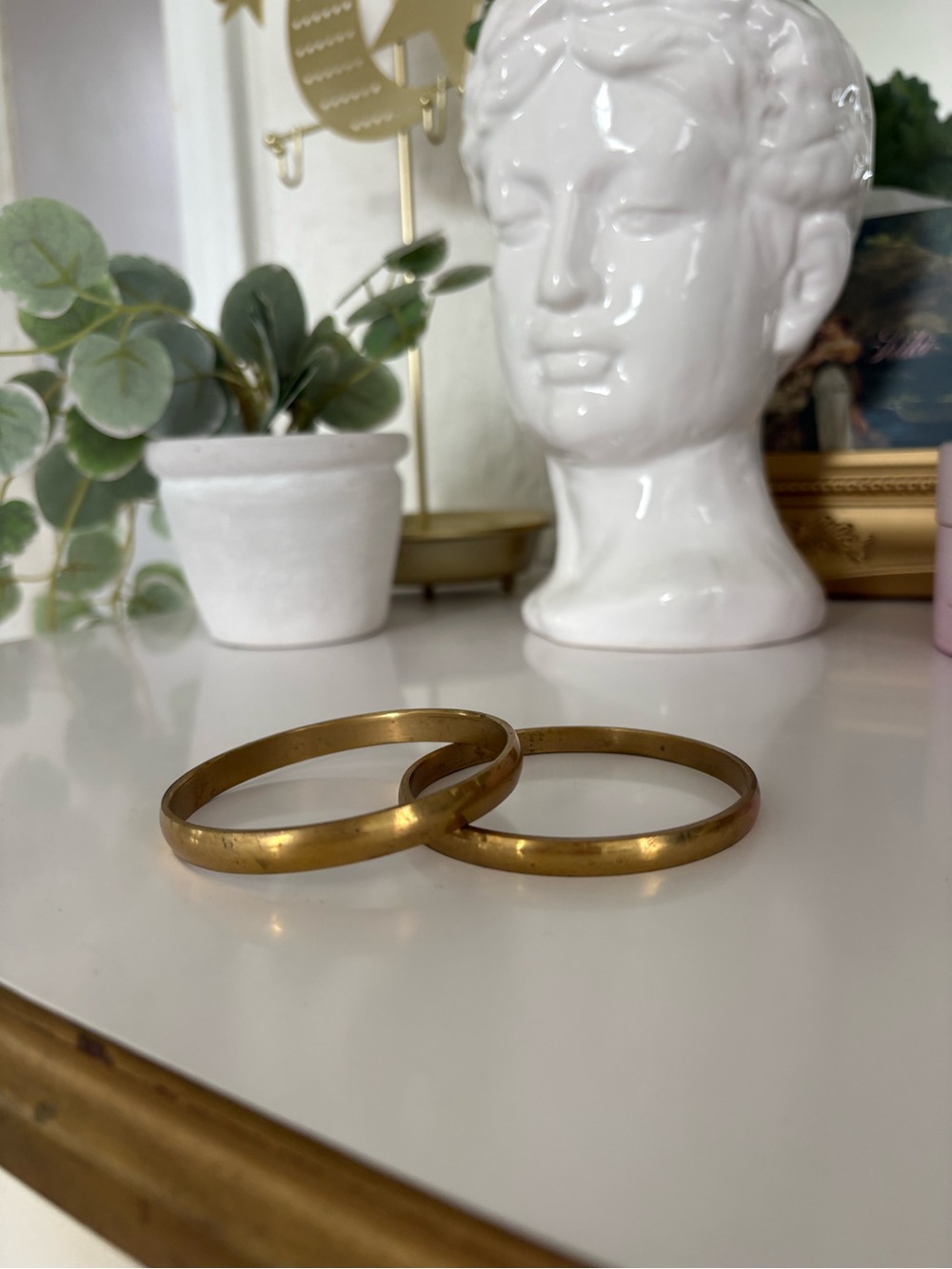 Set of Two Handmade Brass Thin Stackable Bangle Bracelets - Gold